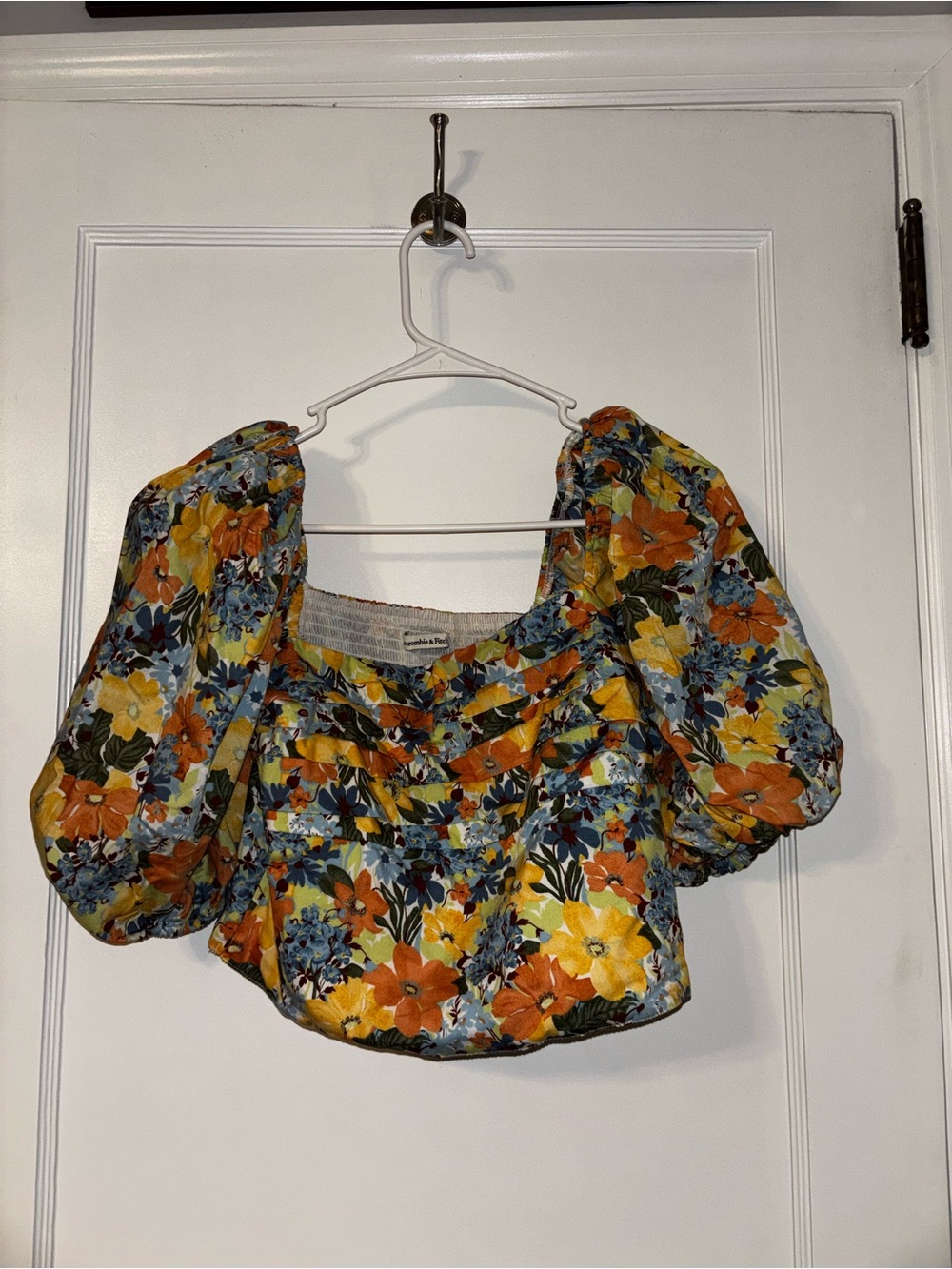 Abercrombie & Fitch Floral Puff-Sleeve Crop Top - Yellow & Orange & Blue